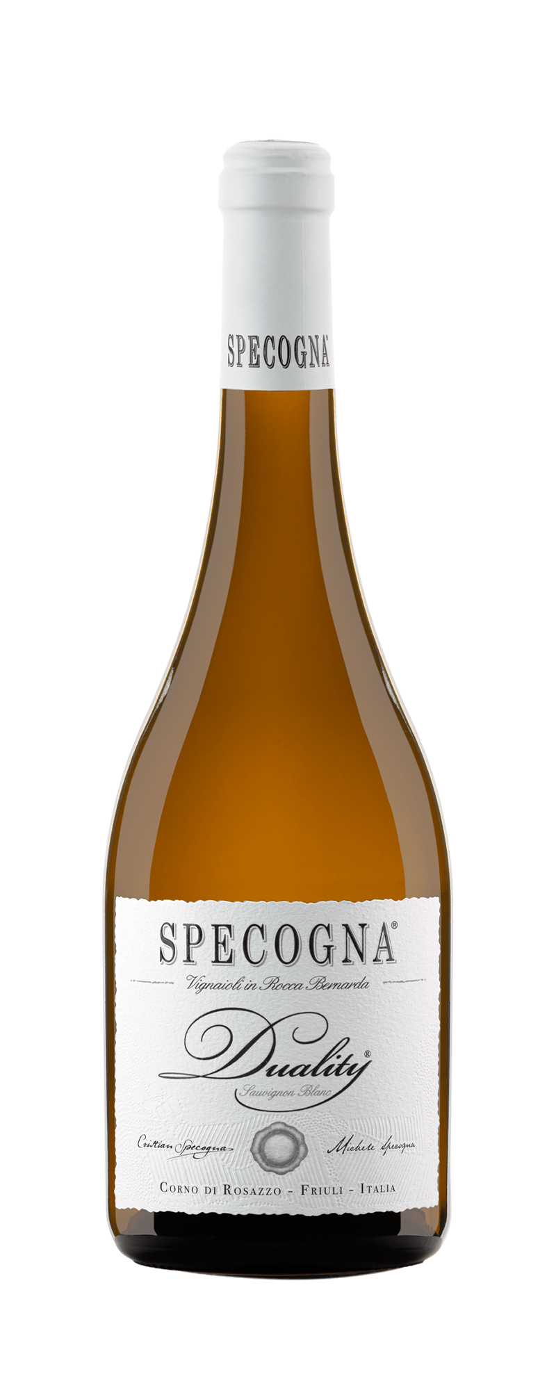 Bottiglia di vino bianco Specogna Duality con etichetta bianca e tappo argentato, caratterizzati da eleganti scritte nere e da caratteri decorativi, su sfondo bianco.