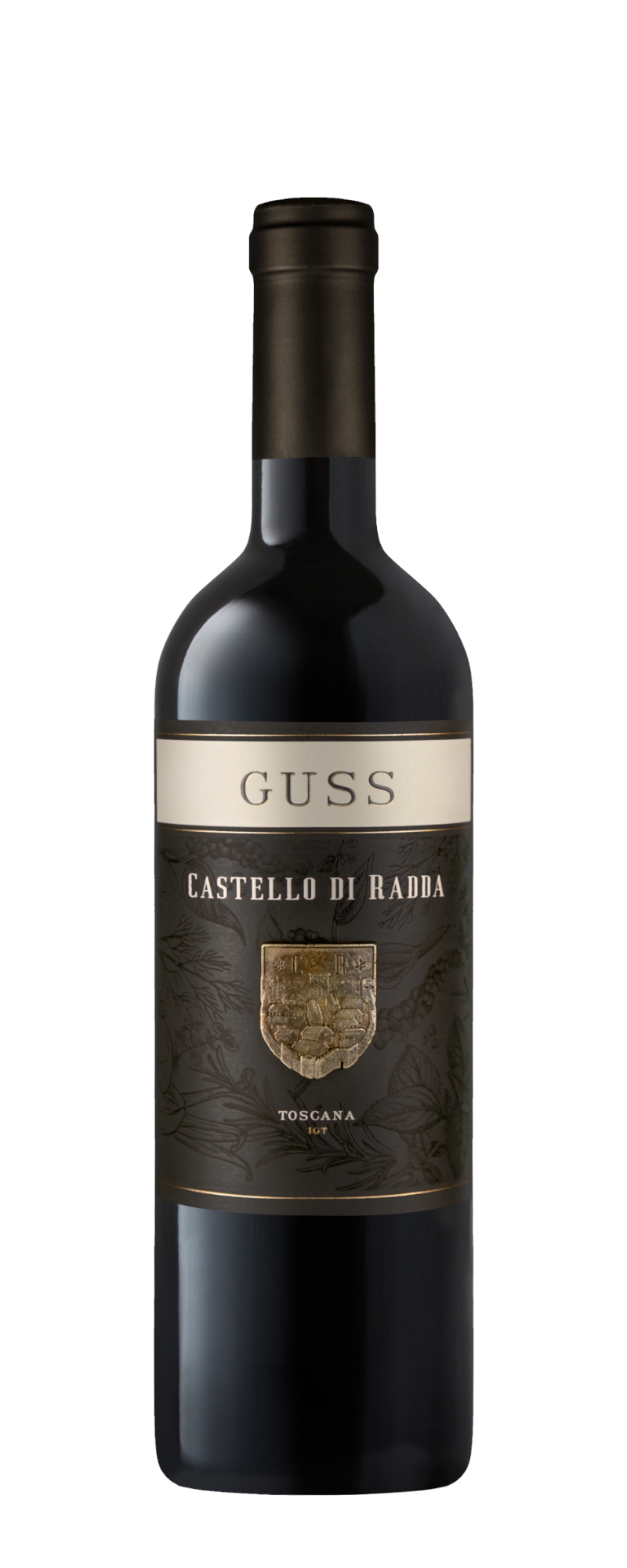 Bottiglia di vino rosso toscano etichettata GUSS e Castello di Radda con stemma in oro su etichetta scura e strutturata. La bottiglia ha un tappo in lamina nera.