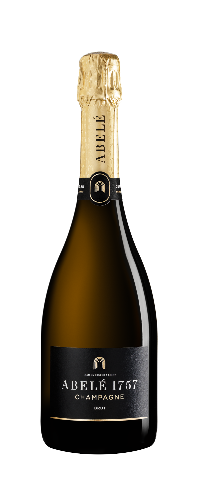 Bottiglia di champagne scura con tappo in lamina d'oro ed etichetta nera con la scritta Abele 1757 Champagne Brut. L'etichetta presenta un elegante testo in oro e bianco e un piccolo logo ad arco.
