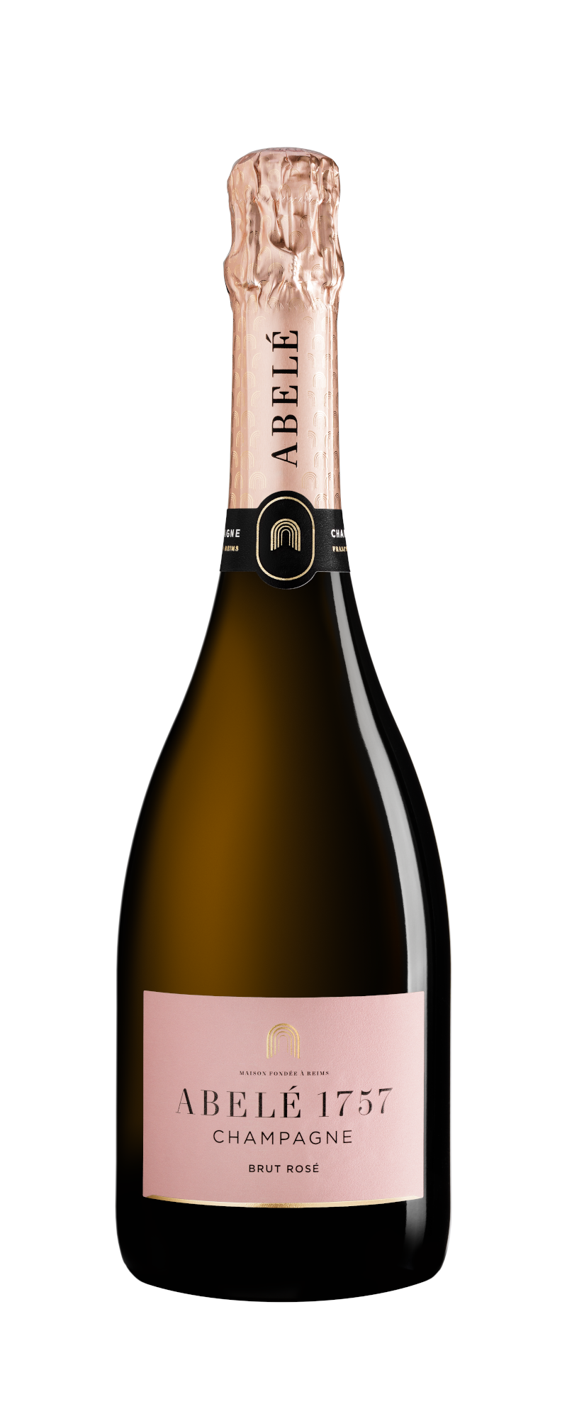Bottiglia di Champagne Brut Rosé Abelé 1757 con tappo in lamina rosa ed etichetta rosa, in posizione verticale su sfondo bianco.