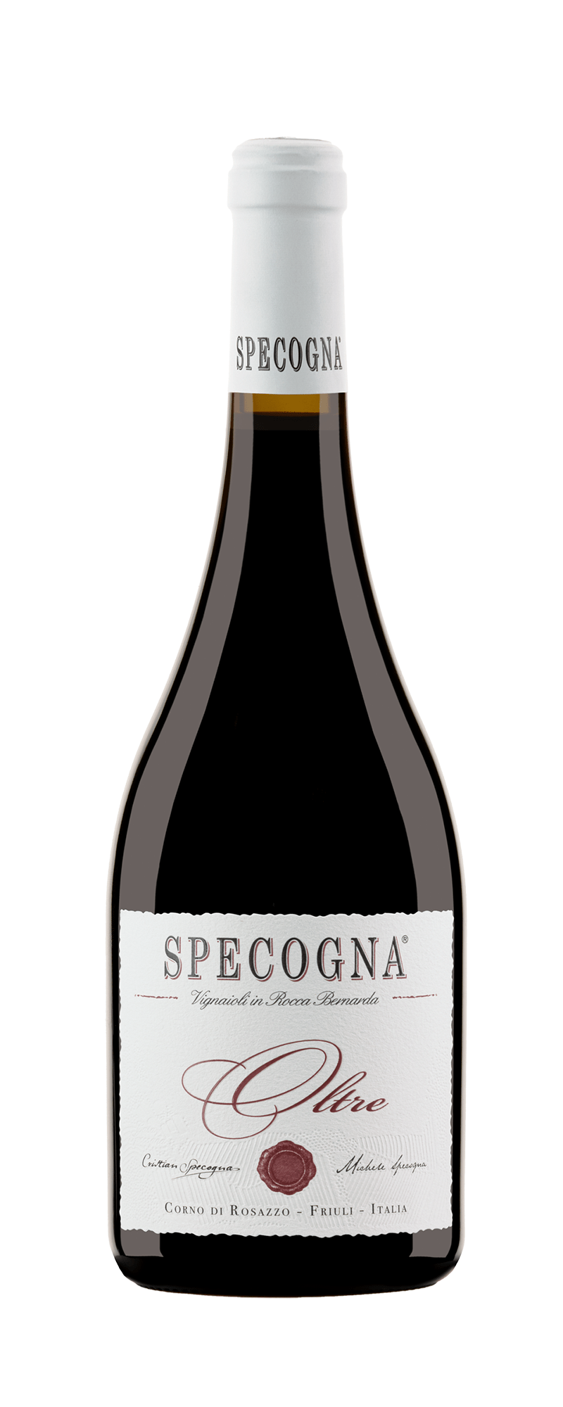 Bottiglia di vino Specogna con etichetta bianca, testo rosso e nero e sigillo rosso. L'etichetta riporta la scritta "Specogna" e l'italiano. La bottiglia ha un tappo bianco con la scritta "Specogna".