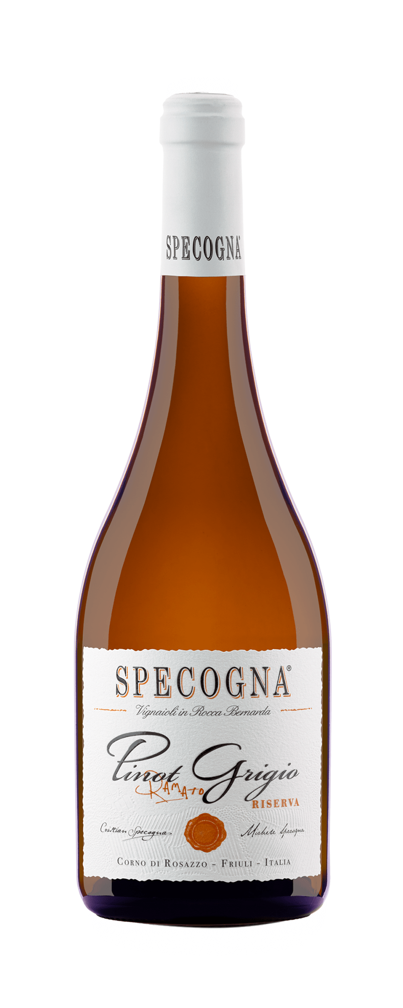 Bottiglia di vino Specogna Pinot Grigio Ramato Riserva con etichetta bianca e tappo argentato, in posizione verticale su sfondo bianco.