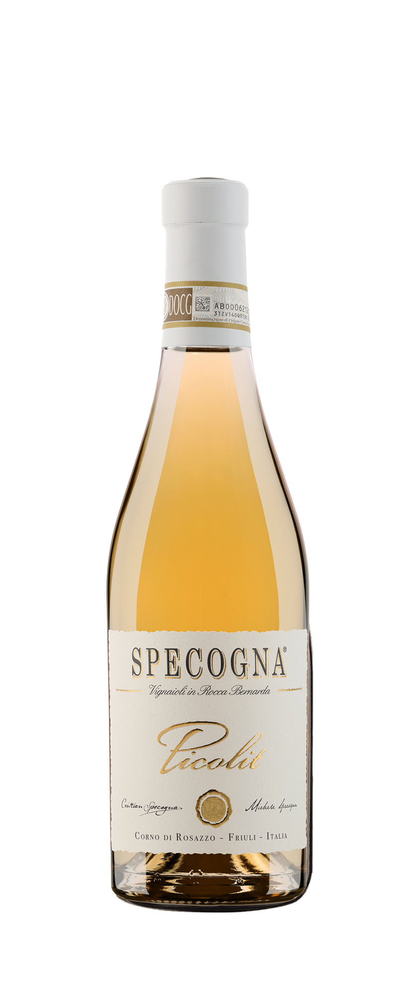 Bottiglia di vino bianco Specogna Tocai con etichetta beige e tappo bianco, su sfondo bianco. L'etichetta presenta accenti dorati e un testo italiano che ne indica l'origine e la tipologia.