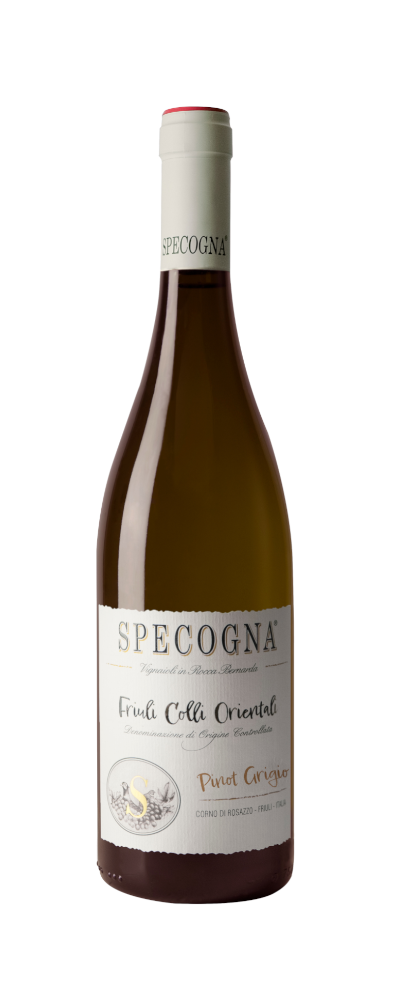 Bottiglia di vino Specogna Friuli Colli Orientali Pinot Grigio con etichetta color crema e accenti dorati su sfondo bianco.