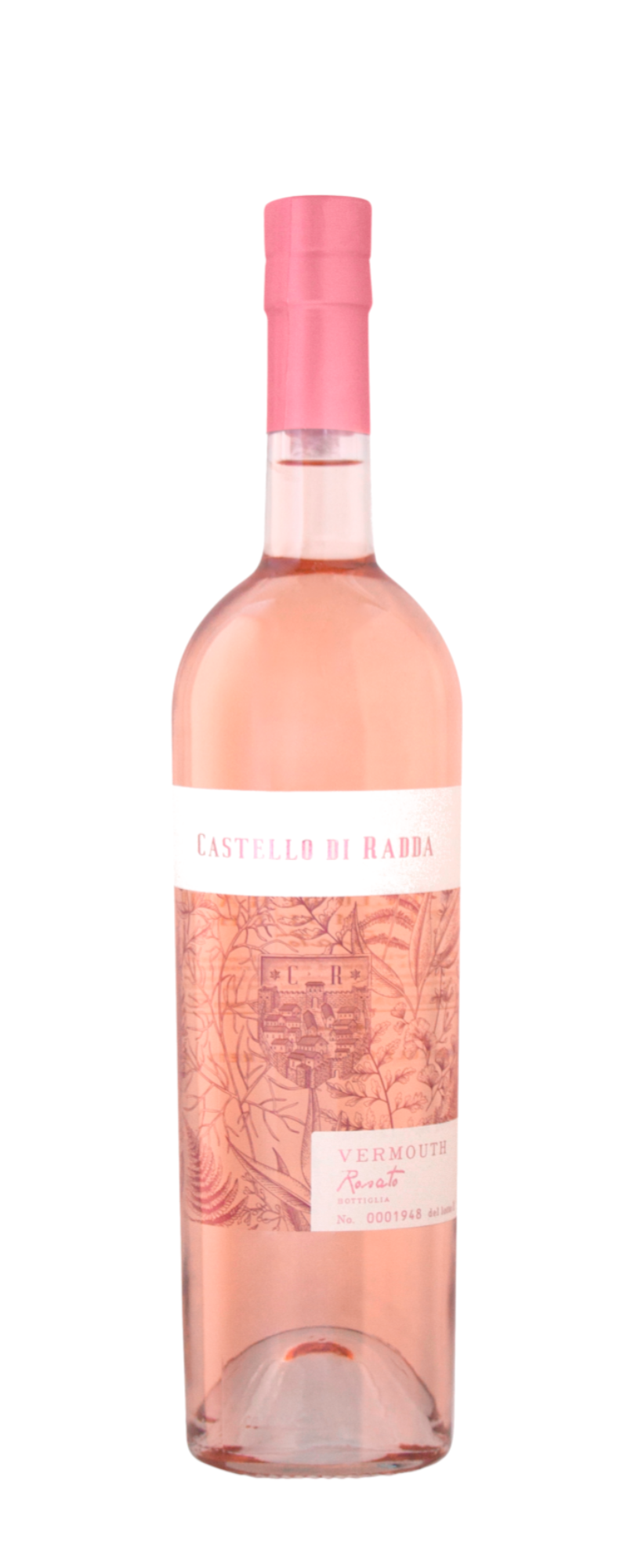 Bottiglia di Castello di Radda Vermouth Rosato con tappo ed etichetta rosa, con eleganti disegni floreali e testo su una bottiglia di vetro trasparente riempita di liquido rosa rosato.