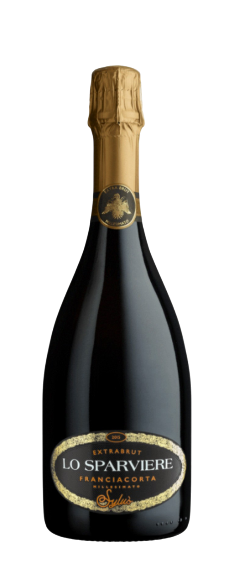Bottiglia di spumante Lo Sparviere Franciacorta Extra Brut in vetro scuro con tappo in oro e etichetta decorata in nero e oro su sfondo bianco.