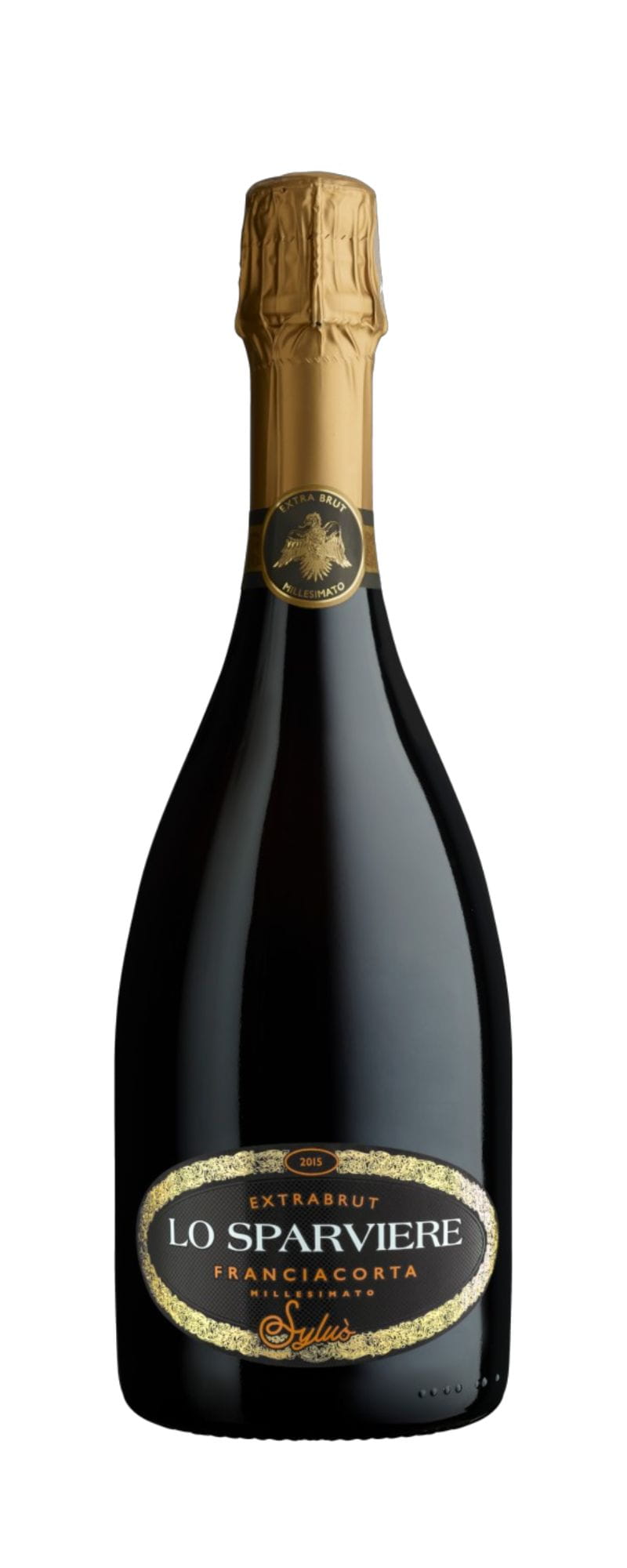 Una bottiglia di spumante Lo Sparviere Franciacorta Extra Brut con un cappuccio in lamina d’oro e un’etichetta nera e dorata.