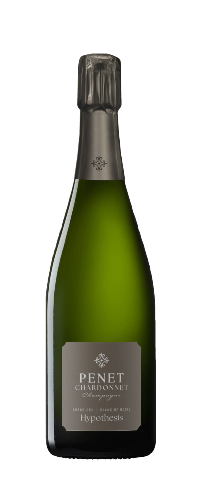 Una bottiglia di champagne verde scuro con una lamina grigio metallizzata sul collo e un'etichetta grigia con la scritta Penet Chardonnet Grand Cru Hypothesis.