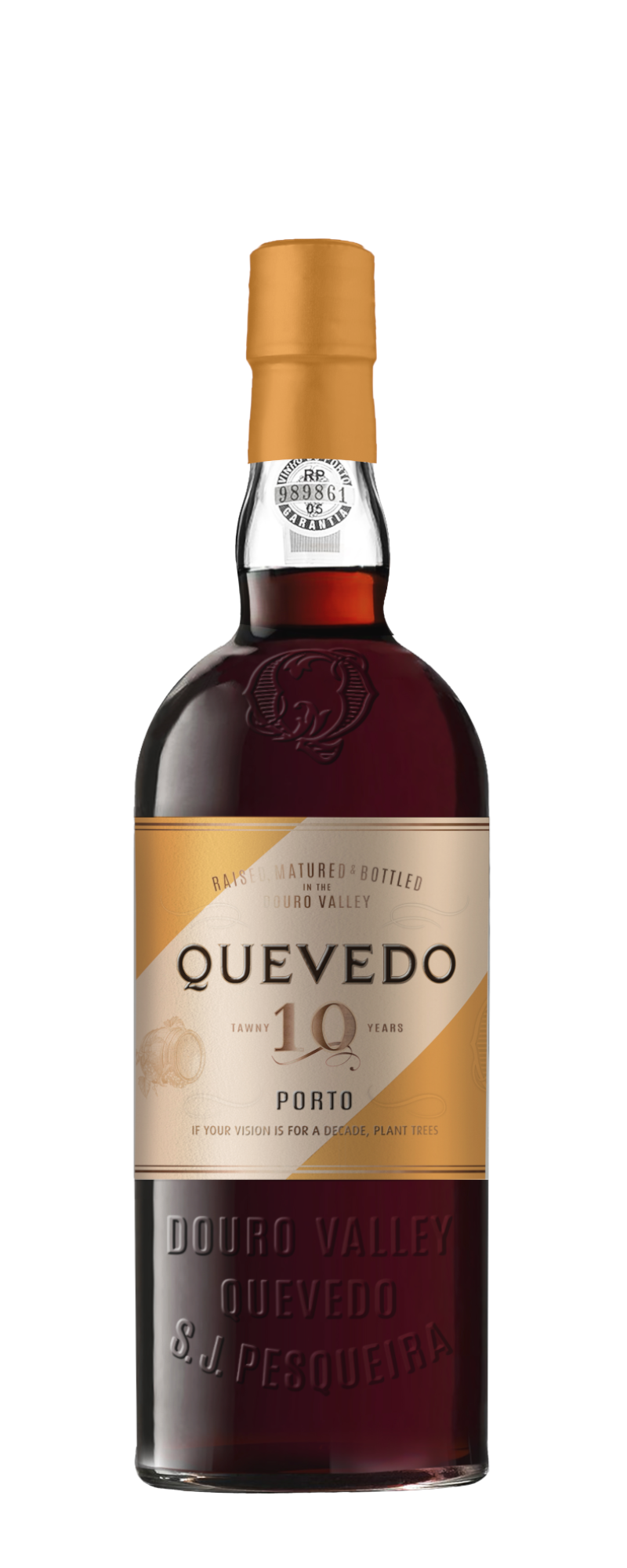 Bottiglia di Porto Tawny 10 anni Quevedo con tappo in lamina d'oro, etichetta color crema e oro e testo in rilievo "Douro Valley Quevedo S.J. Pesqueira" sul vetro.