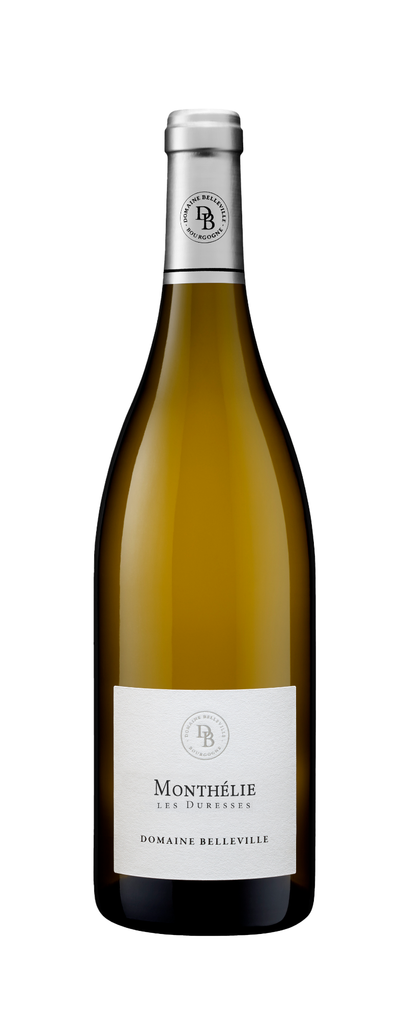 Bottiglia di vino bianco Domaine Belleville Monthelie Les Duresses con tappo in lamina d'argento, etichetta bianca ed elegante testo nero e oro su sfondo bianco.