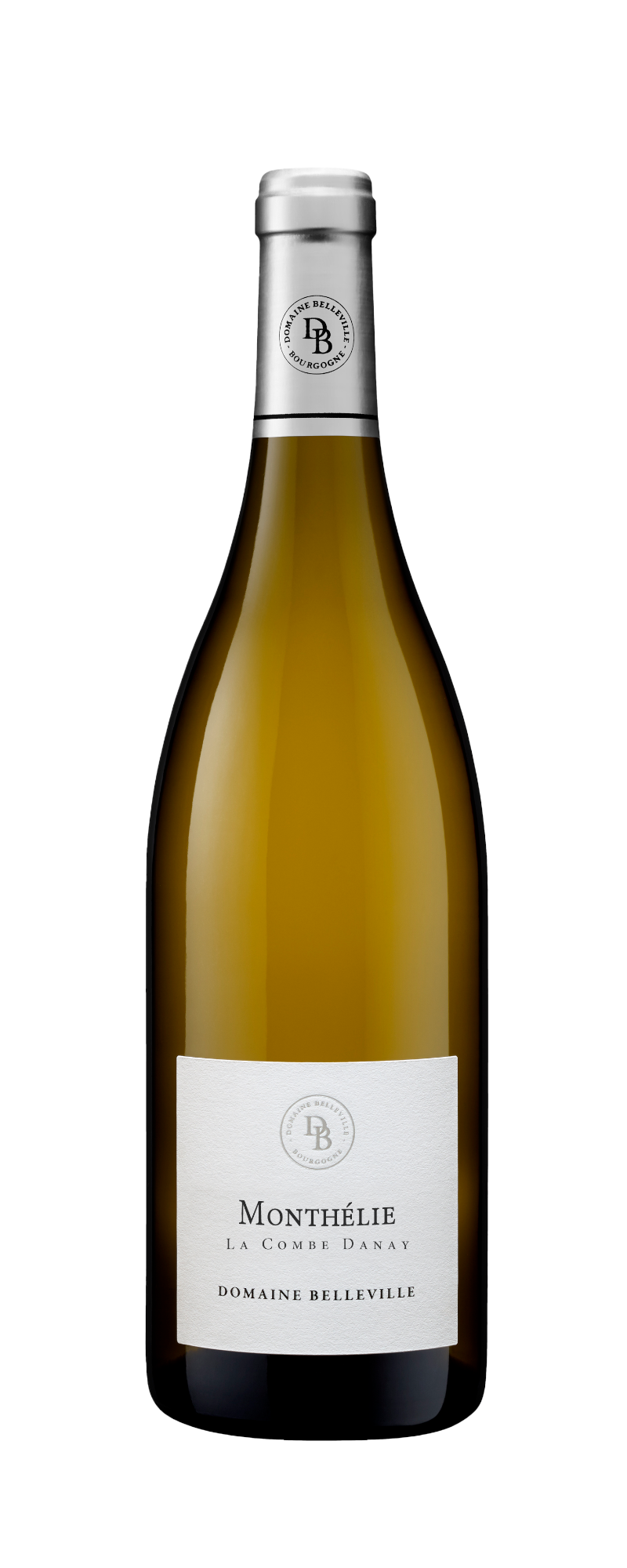 Una bottiglia di vino bianco etichettata Monthélie La Combe Danay Domaine Belleville, con etichetta bianca e capsula in lamina d'argento sul collo. La bottiglia è fotografata su uno sfondo bianco.