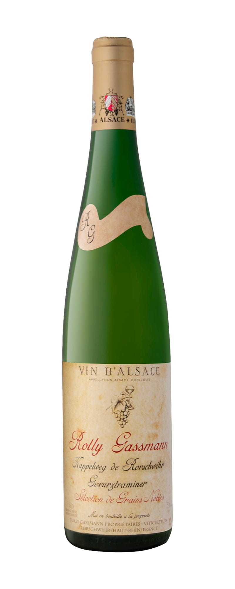 Bottiglia verde di vino bianco Rolly Gassmann Gewurztraminer con etichetta color crema e lamina d'oro sul collo, con testo decorativo e illustrazione dell'uva.