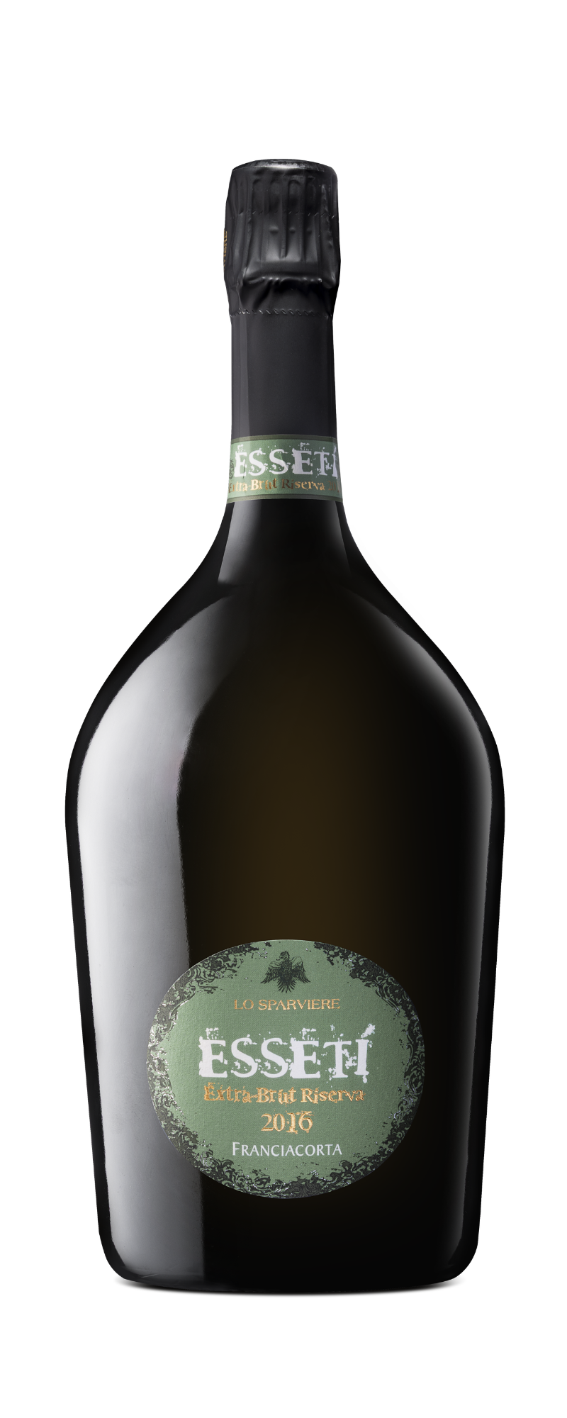 Una bottiglia di spumante in vetro scuro con l'etichetta “ESSE Brut Nature Riserva 2016 Franciacorta”, con un sigillo in lamina verde e argento sul collo e un'etichetta ovale verde sulla parte anteriore.